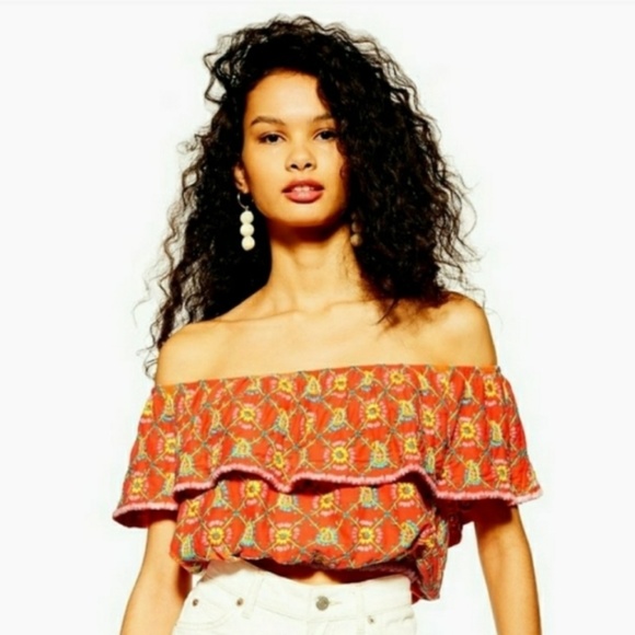 Topshop Tops - TOPSHOP Embroidered Off The Shoulder Crop Top In Orange Multi